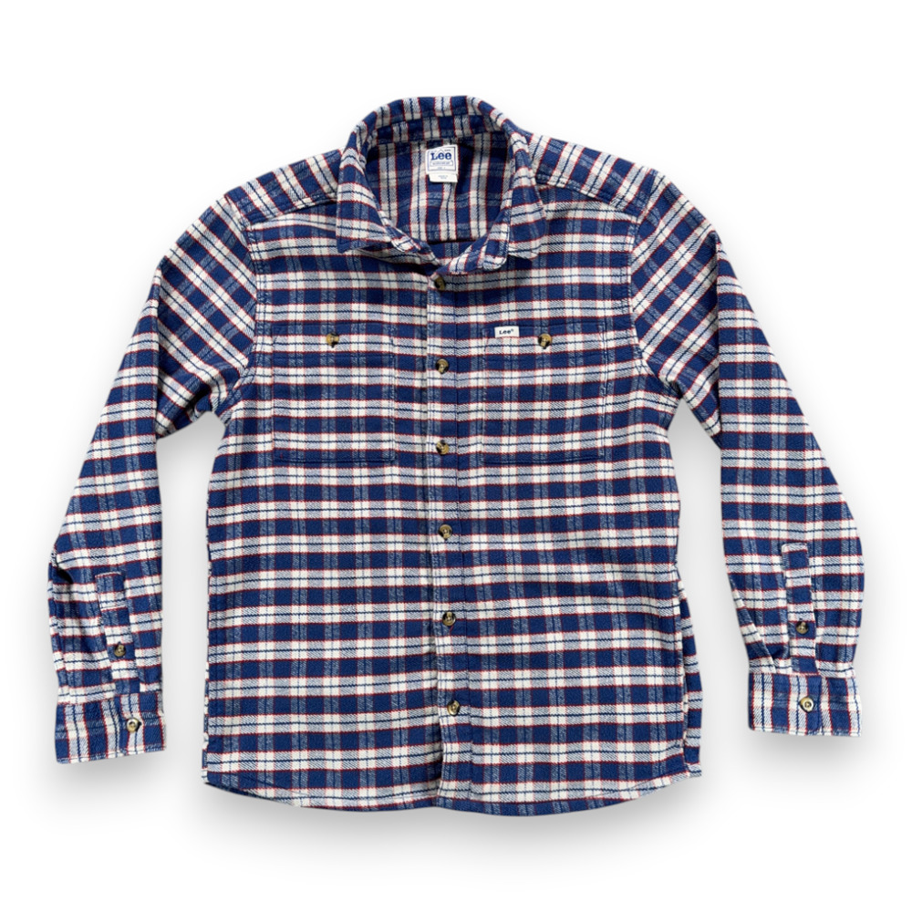 Lee Shirt Adult SMALL Blue White Red Plaid Flannel Workwear Shacket Side Pockets